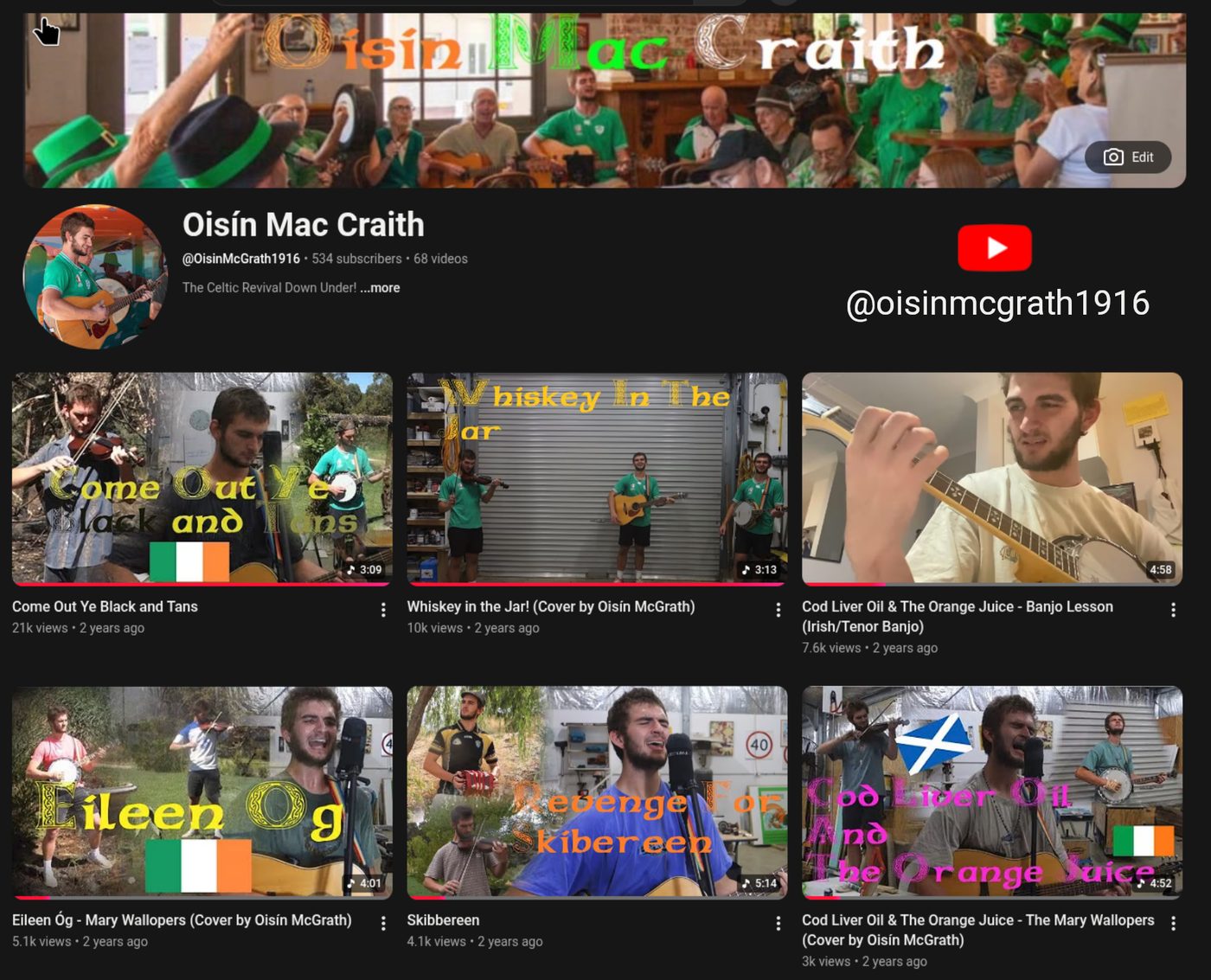 The Oisín Mac Craith YouTube channel: a banner of musicians playing together in green, and a grid of Irish folk covers