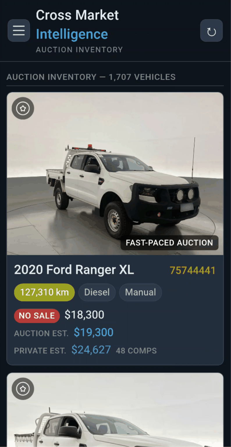 The phone app showing the same auction inventory, one vehicle card at a time.