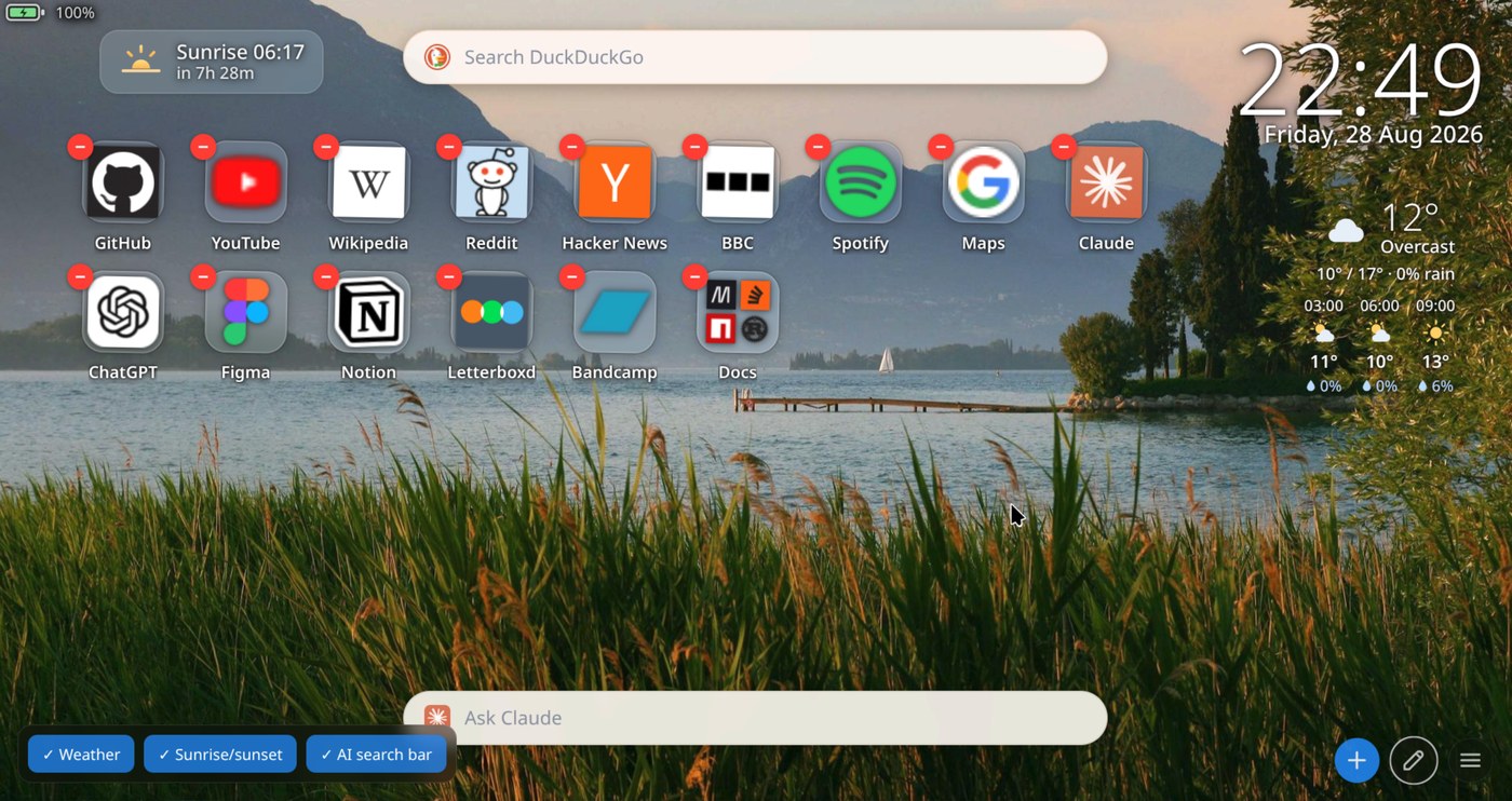 The same page in edit mode: every tile carries a red minus badge for deleting it, and a panel in the bottom-left corner shows three chips — Weather, Sunrise/sunset and AI search bar — each ticked.
