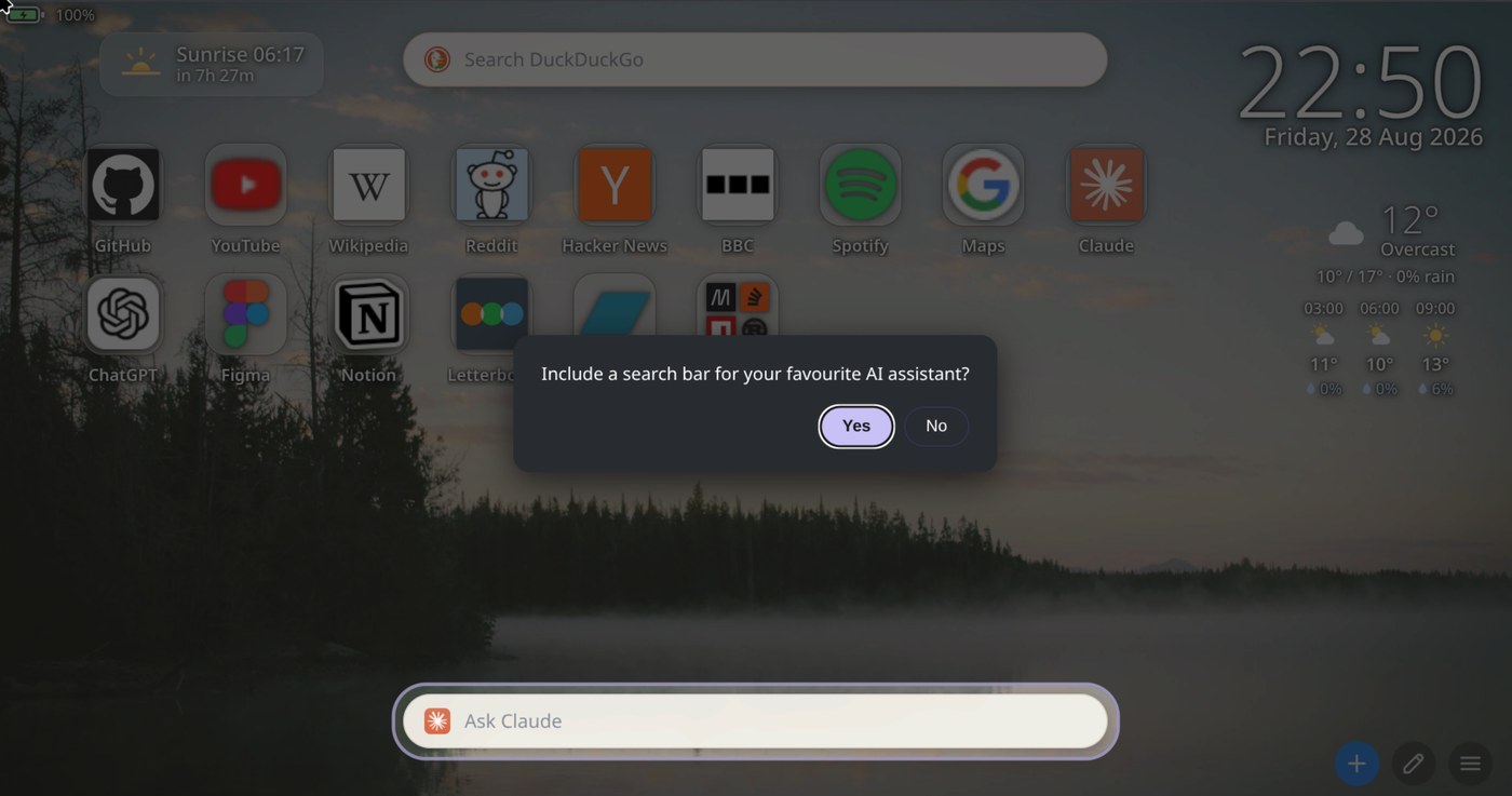 A setup wizard question reading 'Include a search bar for your favourite AI assistant?' with Yes and No buttons. The page behind is dimmed except for the Ask Claude bar along the bottom, which is lit through a hole in the overlay and outlined.