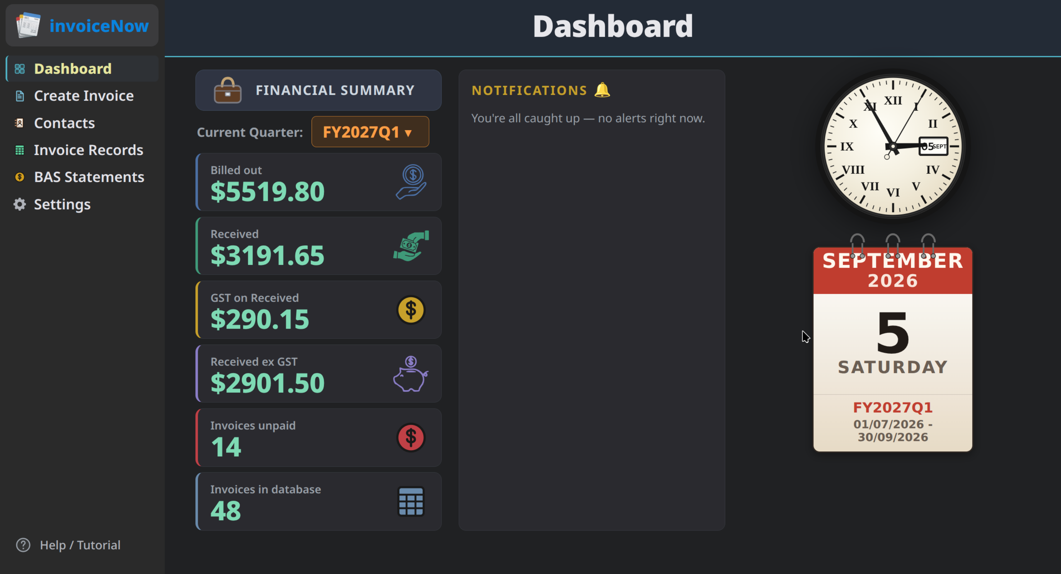 The invoiceNow dashboard, showing the quarter's billed and received totals, the GST on them, and how many invoices are still unpaid.