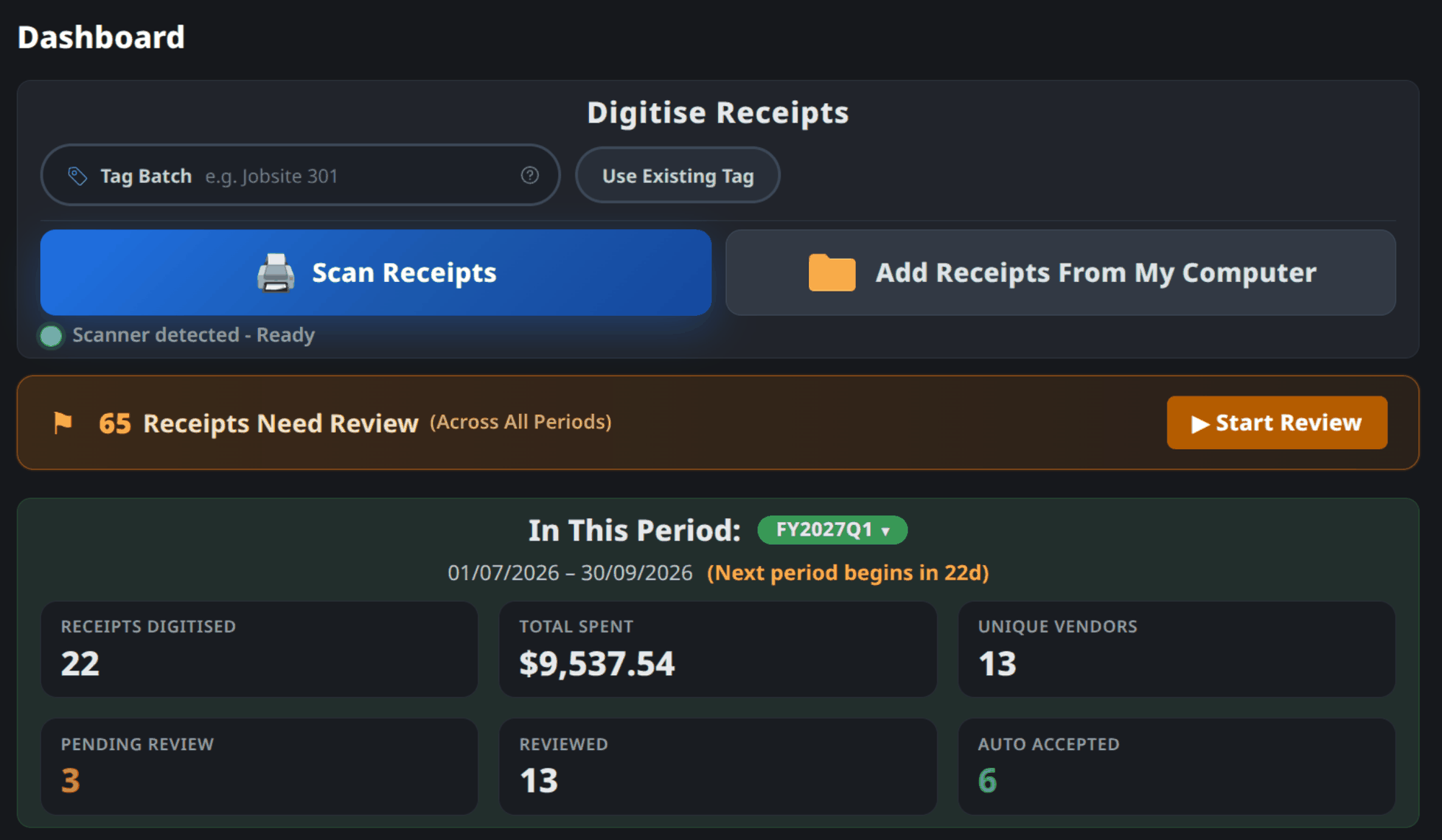 The Receipt Manager dashboard, where a stack goes into the scanner or files already on the computer are added, with the review queue and the quarter's totals below.