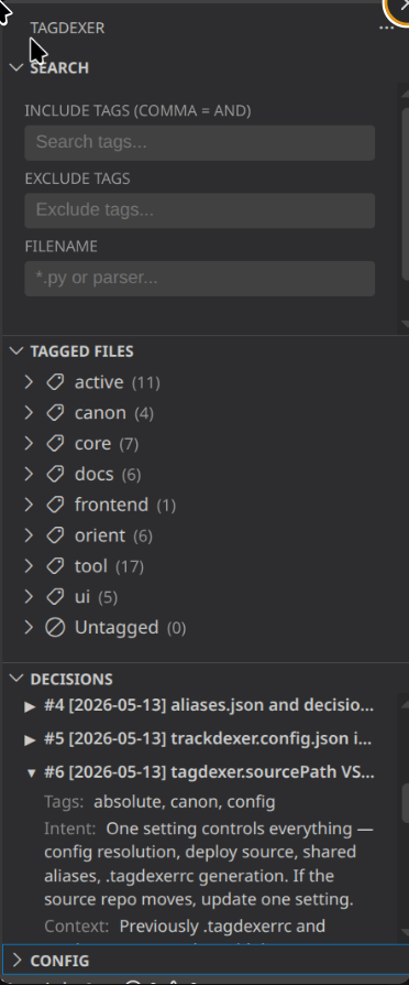 The tagdexer sidebar in VSCodium: a tag search panel with include, exclude and filename filters; a list of tagged files grouped by tag with counts; and a decisions panel with one entry expanded to show its tags, intent and context.