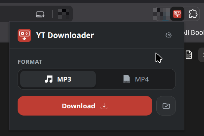 The extension popup in a dark browser: a header reading YT Downloader with a cassette logo and a settings cog, a Format switch with MP3 selected and MP4 unselected, a red Download button, and a small folder button beside it.