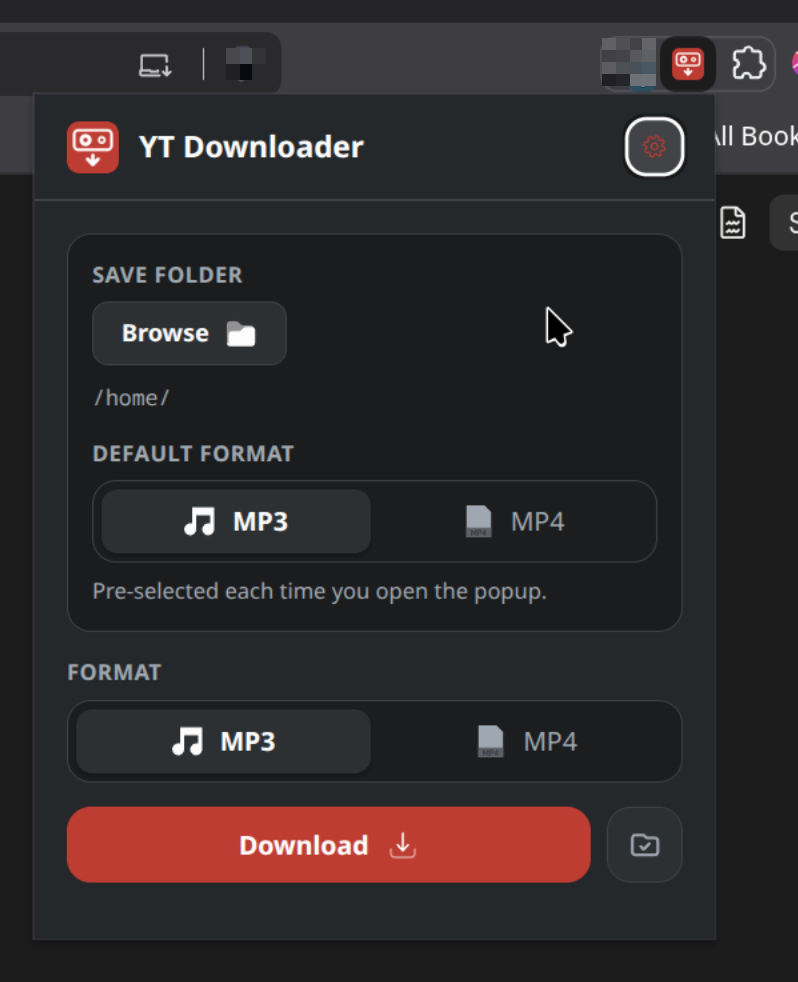 The popup with the settings pane open, showing a Save folder section with a Browse button and the current path, a Default format switch, and the Format switch and Download button below it.